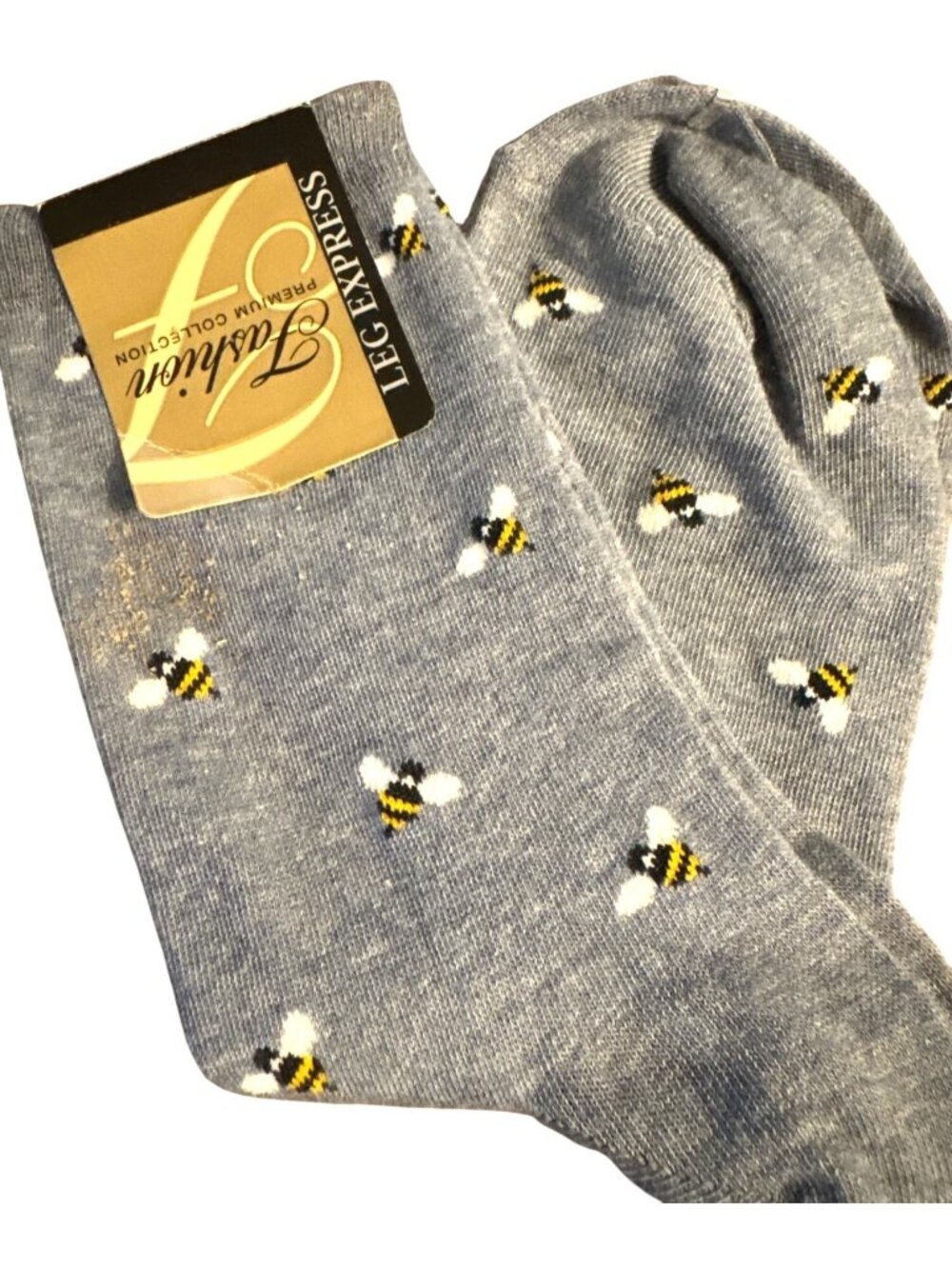 Womens Fashion Leg Express Bee Print Crew Socks 1 Pr Sz 4-10 Gray Yellow NWT - Picture 7 of 7